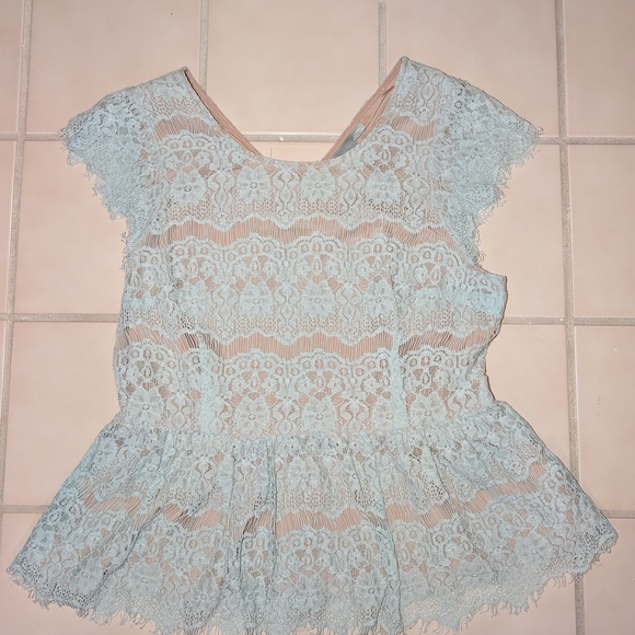 Light Blue Lace Peplum Top - Picture 3 of 5